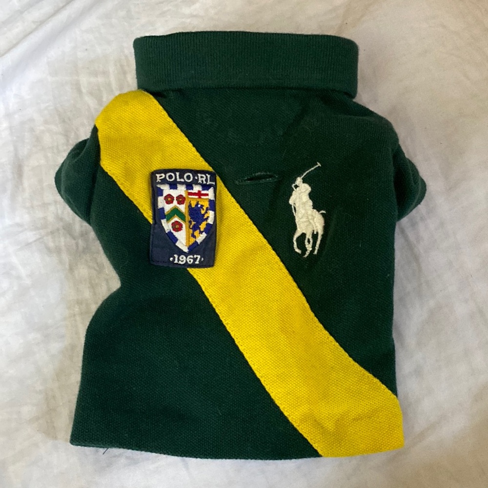 Polo Ralph Lauren, green and yellow striped polo logo. Polo RL 1967 logo.